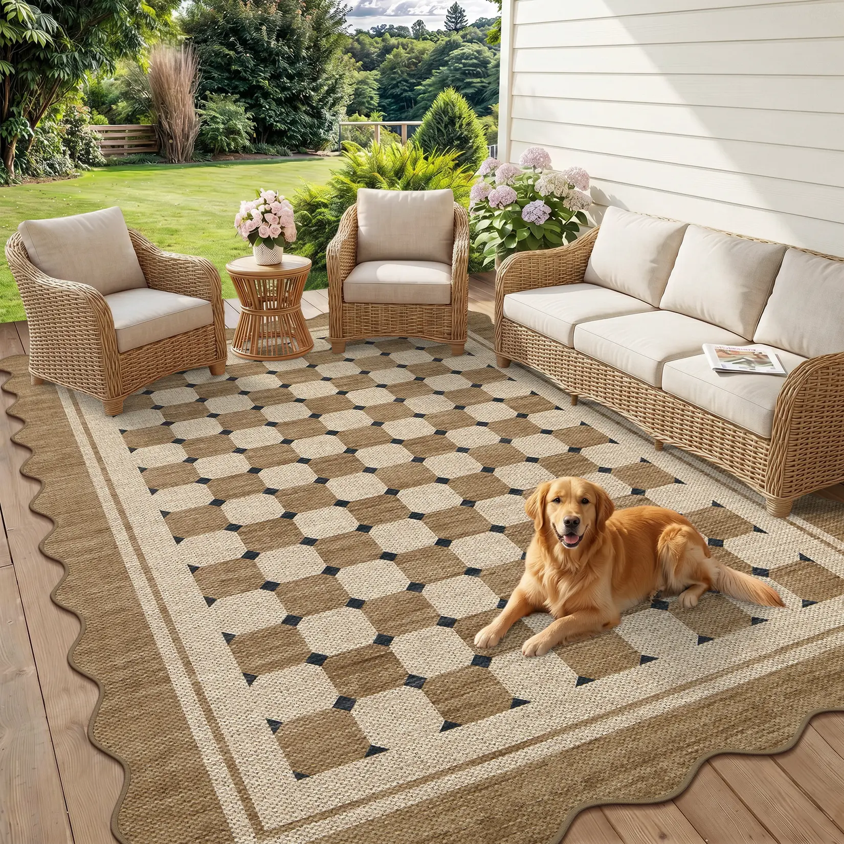 Modern Checkered Area Rug with Fan-Shaped Border, Faux Jute Ultra Thin Foldable Soft Lint-Free Stain-Resistant Non-Slip Washable Indoor Outdoor Decor Rug for Bedroom Living Room Farmhouse Patio Porch