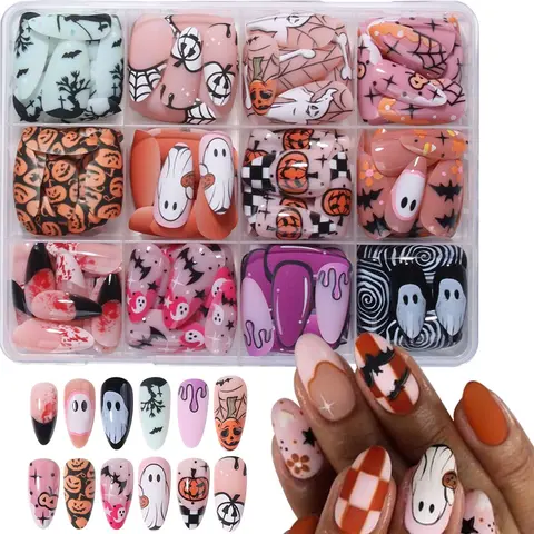 288pcs Halloween Almond Nails Set, Ghost, Mummy, Blood Drop, Bat, Spider Web, Pumpkin Design, French Nail Art, Includes Glue & File, False Nail Set