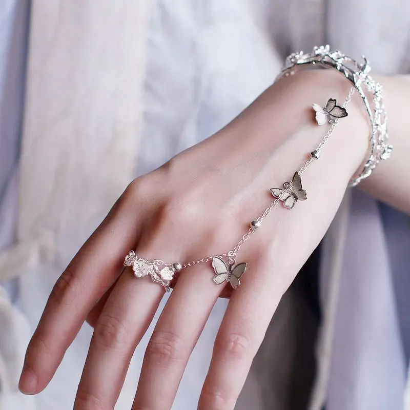 Butterfly Hand Chain Bracelet for Women, Silver-Tone Finger Ring Bracelet with Delicate Butterfly Charms, Fairycore Y2K Hand Jewelry for Parties, Festivals, Weddings, Date Nights and Gifts