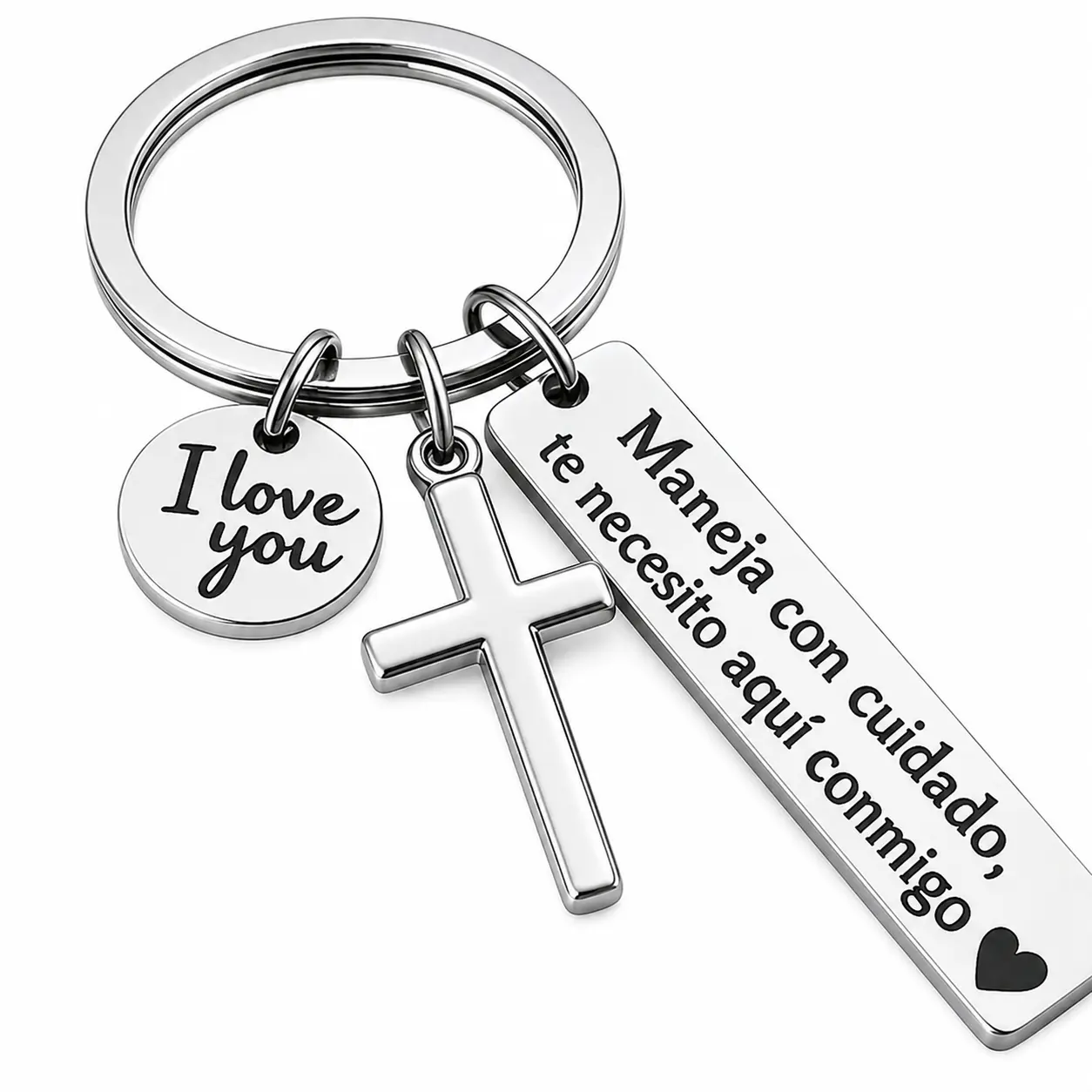 Unisex Casual Engraved Tag Driver Keychain - Double Ring Stainless Steel Rectangular Tag, Heartfelt Spanish Inspirational Message, Cross & Handwritten Charm, 2.8cm Diameter, Rustproof, Corrosion-Resistant, Durable, Lightweight Daily Commute Car Key Holder