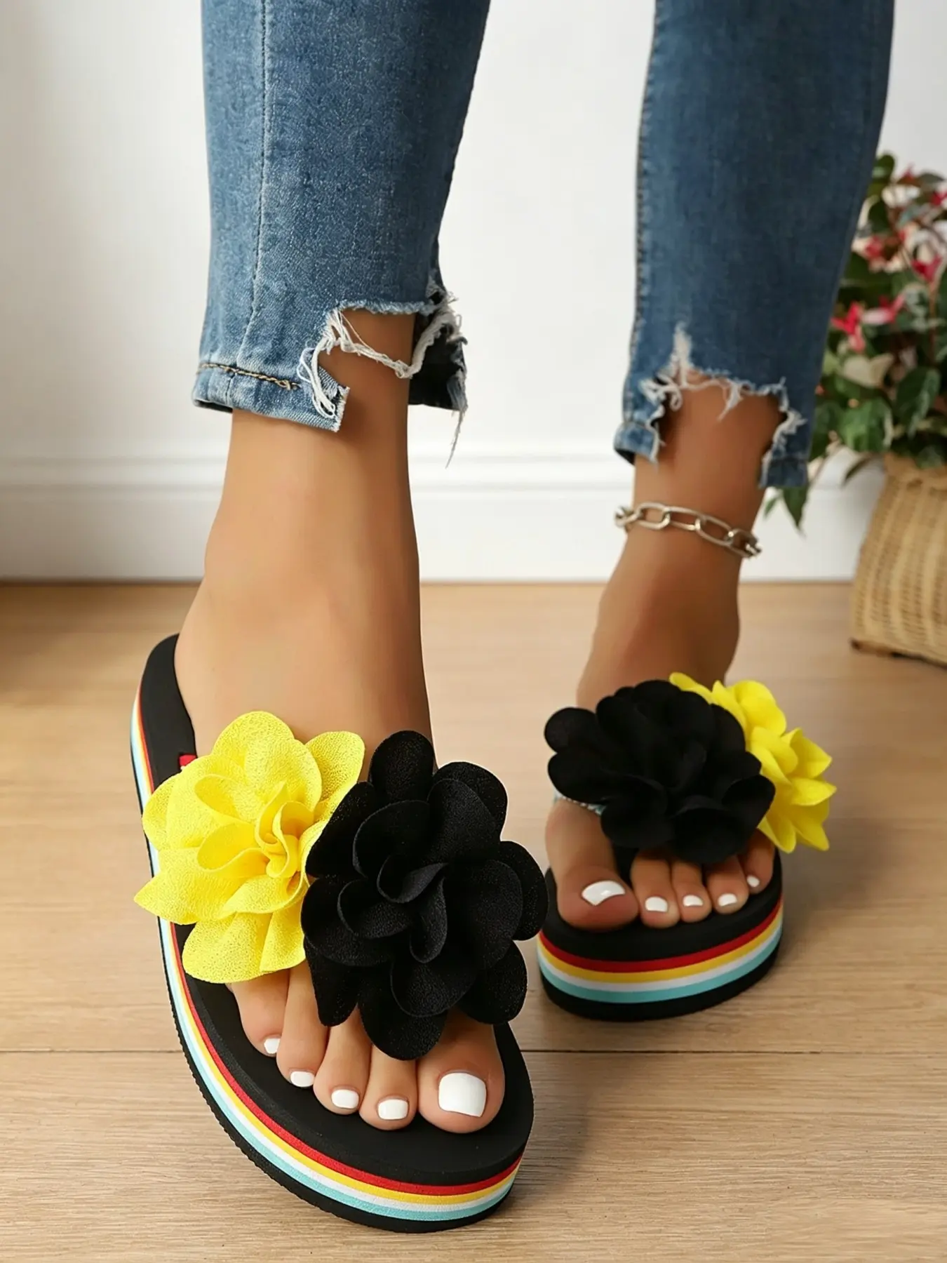 Women's Floral Rainbow Sandals, Thick Sole Slip-On Flip Flops, Dual Color Contrast, Summer Beach Shoes, Comfortable & Stylish, Footwear