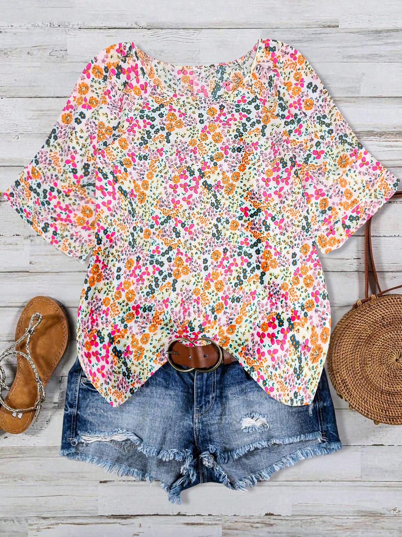 【Plus Size】 All Over Print Ruffle Layered Sleeve Blouse, Casual Short Sleeve Round Neck Top for Daily Wear, Women's Plus Clothing for All Seasons