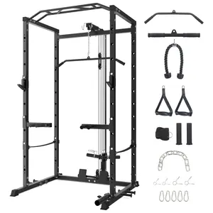All-Black Base Model Cable Crossover Squat Rack, High-Low Pulley System, 1600 lb Capacity
