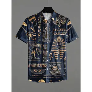 Men's Casual Short-Sleeve Shirt with Golden-Toned Ancient Egyptian Symbols All Over Dark Base Pattern, Machine Washable Men's Top, Fashionable Button-Up Shirt