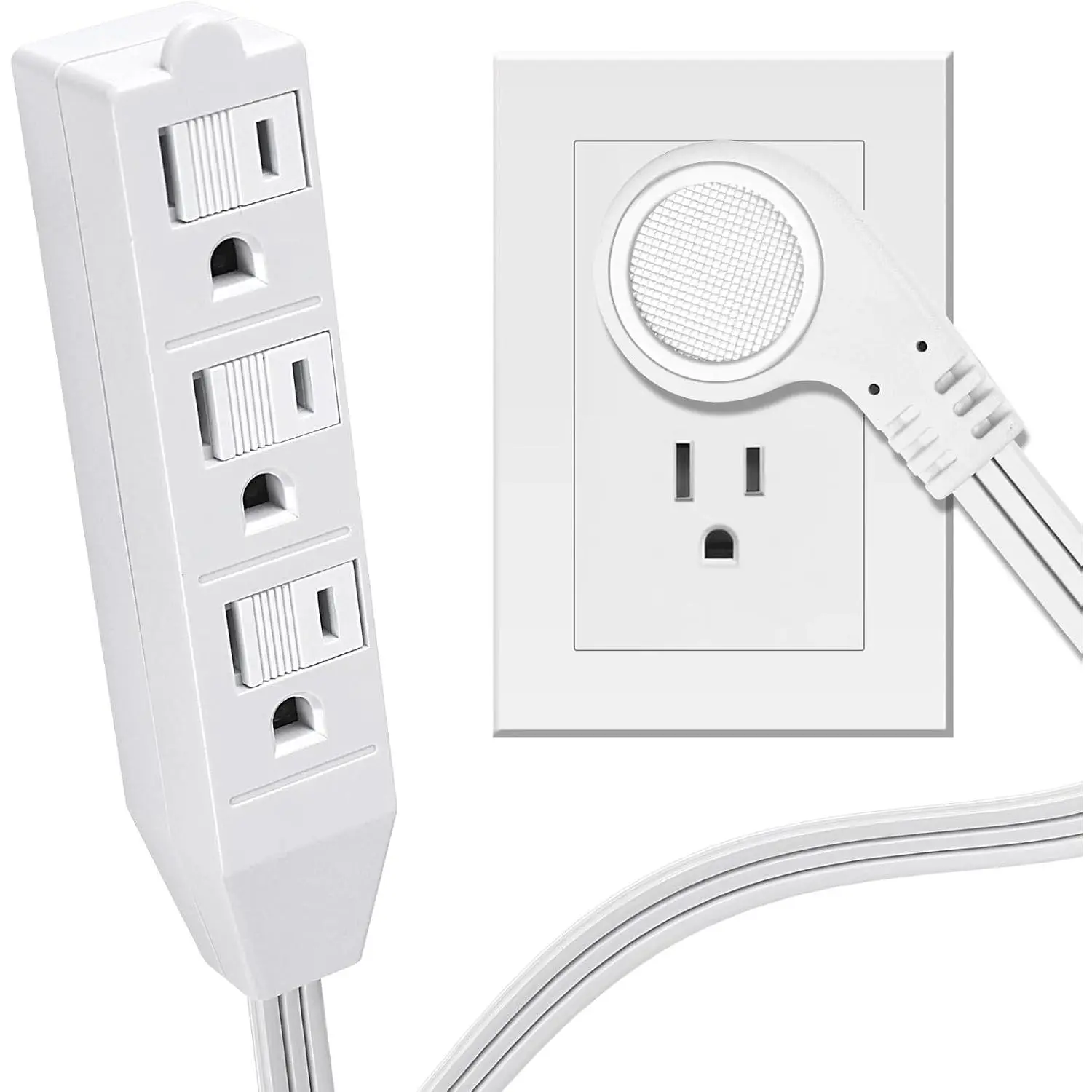 3 Outlet Power Strip Short Extension Cord Low-Profile Flat Plug Adapter - SPT-3 16AWG Power  Wire 3 Prong Grounded Multi Outlet ETL Listed White (1, 1FT)