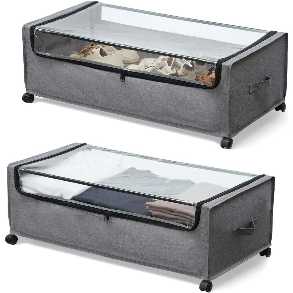 Under Bed Storage with Wheels, Rolling Under bed Storage with Metal Frame, Under Bed Shoe Storage for Space Saving, Zippered Clear Lid, Heavy-Duty Steel Base for Clothes