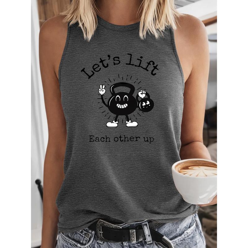 Men's Soft Printed "Let’s Lift Each Other Up" Cartoon Smiling Kettlebell Motivational Fashion Vest, Racerback Sleeveless Gym Day Shirt, Tank Top