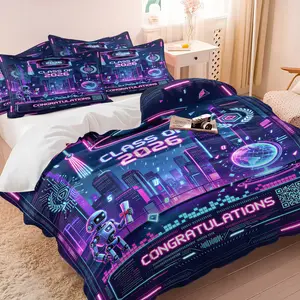 2/3Pcs Class of 2026 Graduation Duvet Cover Set, No Filler, Neon Cyber Robot City Comforter Cover, Futuristic Tech Grad Cap Print Bedding Set, Cool Neon Design for Graduate Teens Bedroom & Graduation Home Decor
