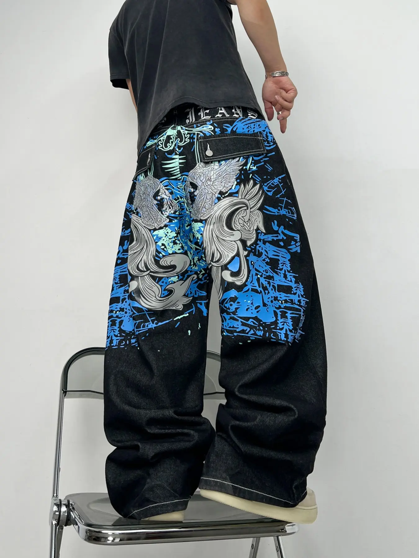 Men's Denim Jeans, Y2K Street Punk Streetwear Style, Loose Fit Wide Leg Jeans, Colorblock Embroidery, Casual Daily Wear, No Belt Included