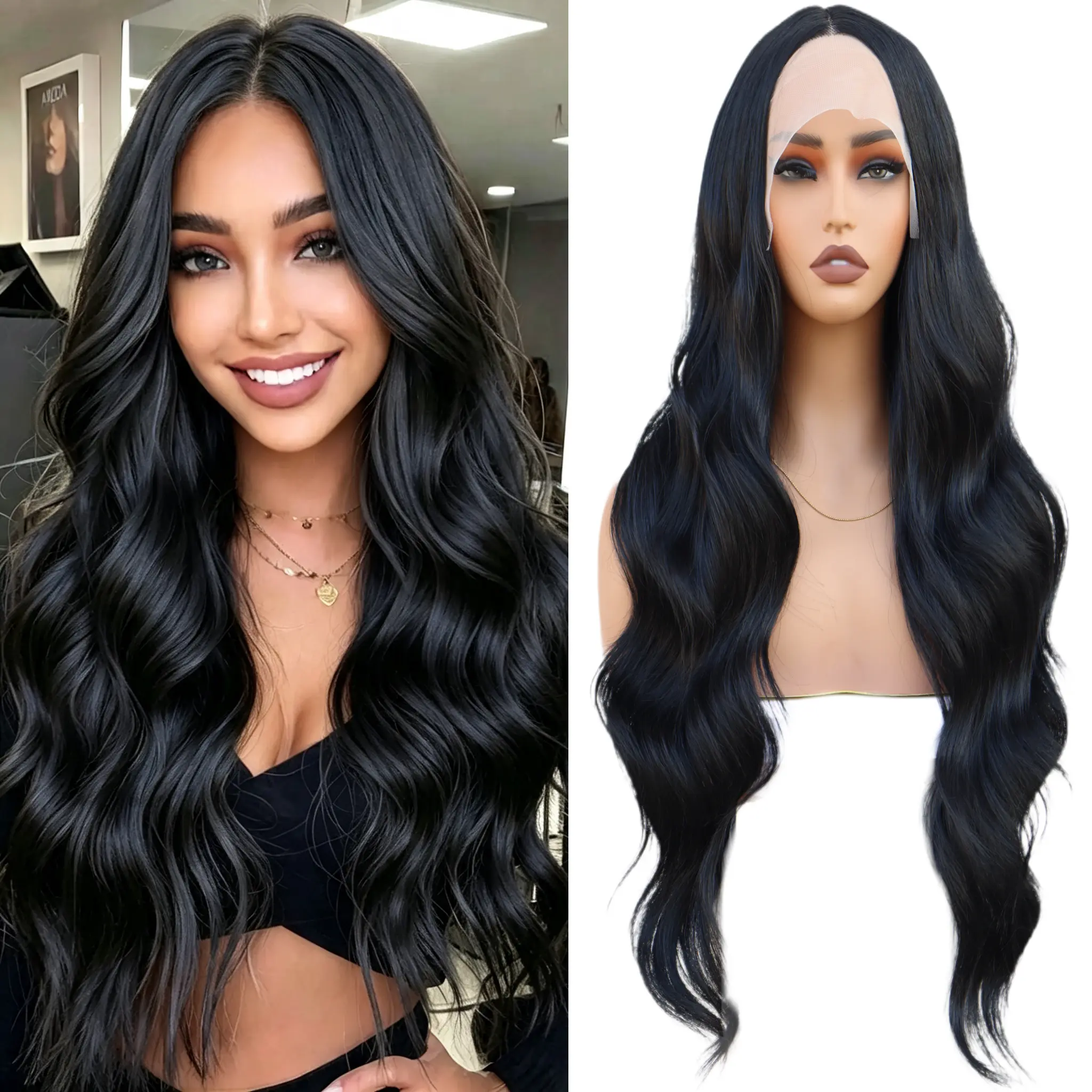 HushVibe Long Wavy Lace Hairline Wig for Women 26 Inch 13X4X1 T-Lace 13x4 transparent Lace Middle Part Synthetic Heat Resistant Wig for Daily Party Glueless Wig Lace Front Wig,summerhairstyles Adjustable Wig