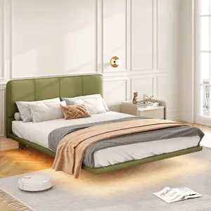 78*56*38.5 Inch Green Full Size PU Leather Floating Platform Bed, Remote Control Under-Bed LED Strip with 8 Dynamic Modes, Hidden Support Leg No Box Spring Easy Assembly