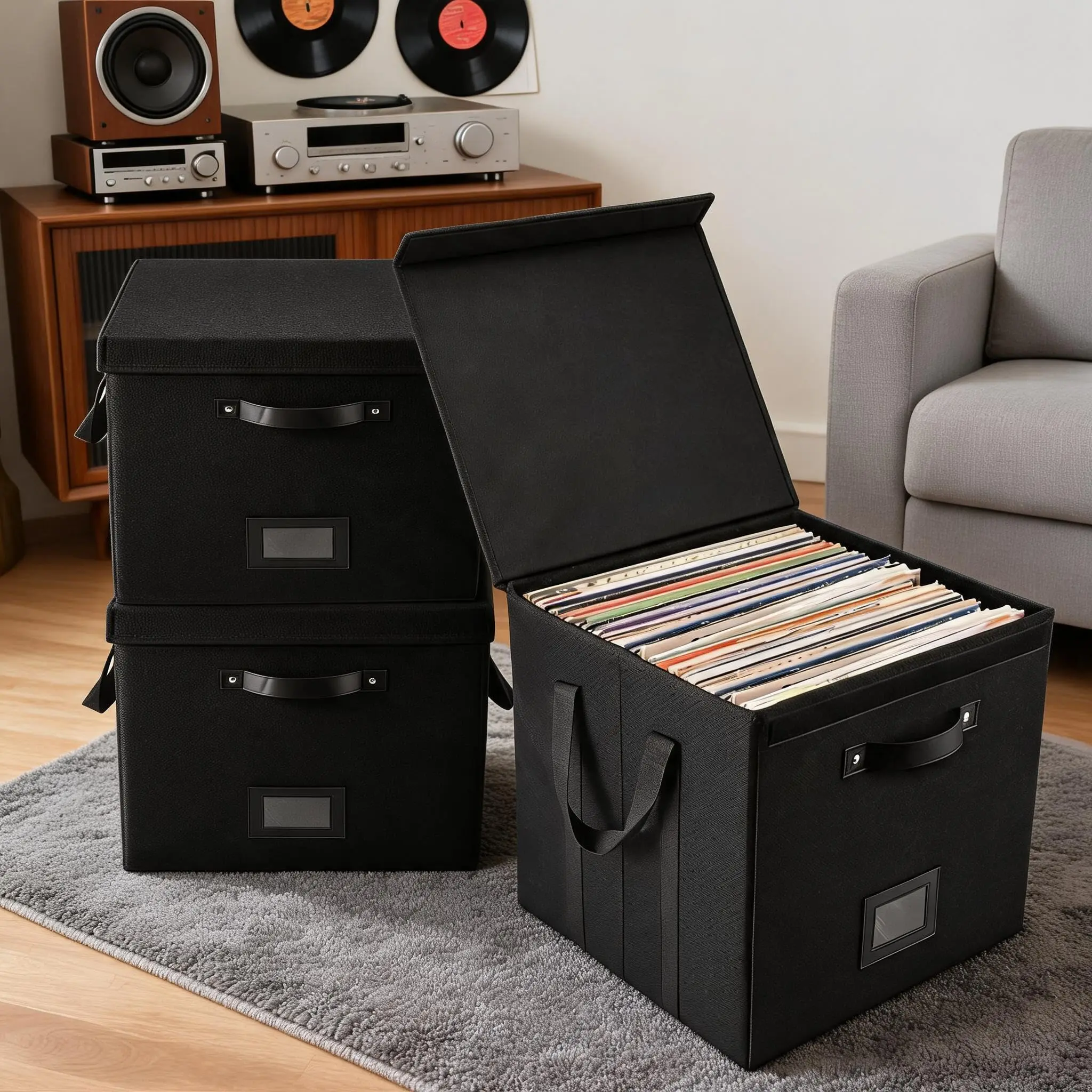 3-Piece Stackable Vinyl Record Storage Boxes Set - Durable Non-Woven LP Album Holders with Lids, Handles, Buckles - Decorative Room Indoor Furniture Storage Solution - Black, 33x33x33cm