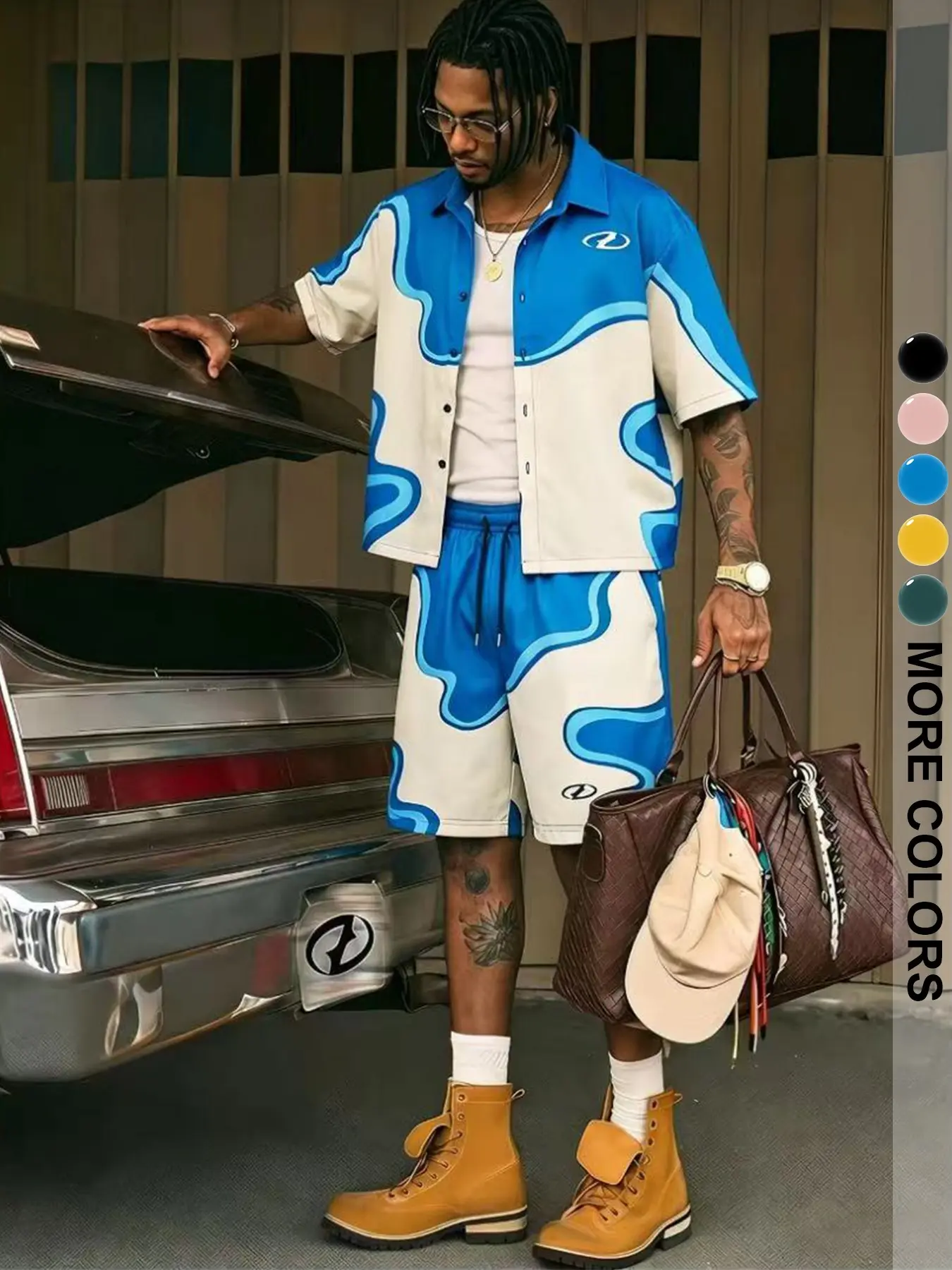 Men's 2-Piece Set, Multi-Color Graphic Blouse and Shorts, Casual Slim-Fit, Knee-Length, All Seasons, Comfortable Daily Wear