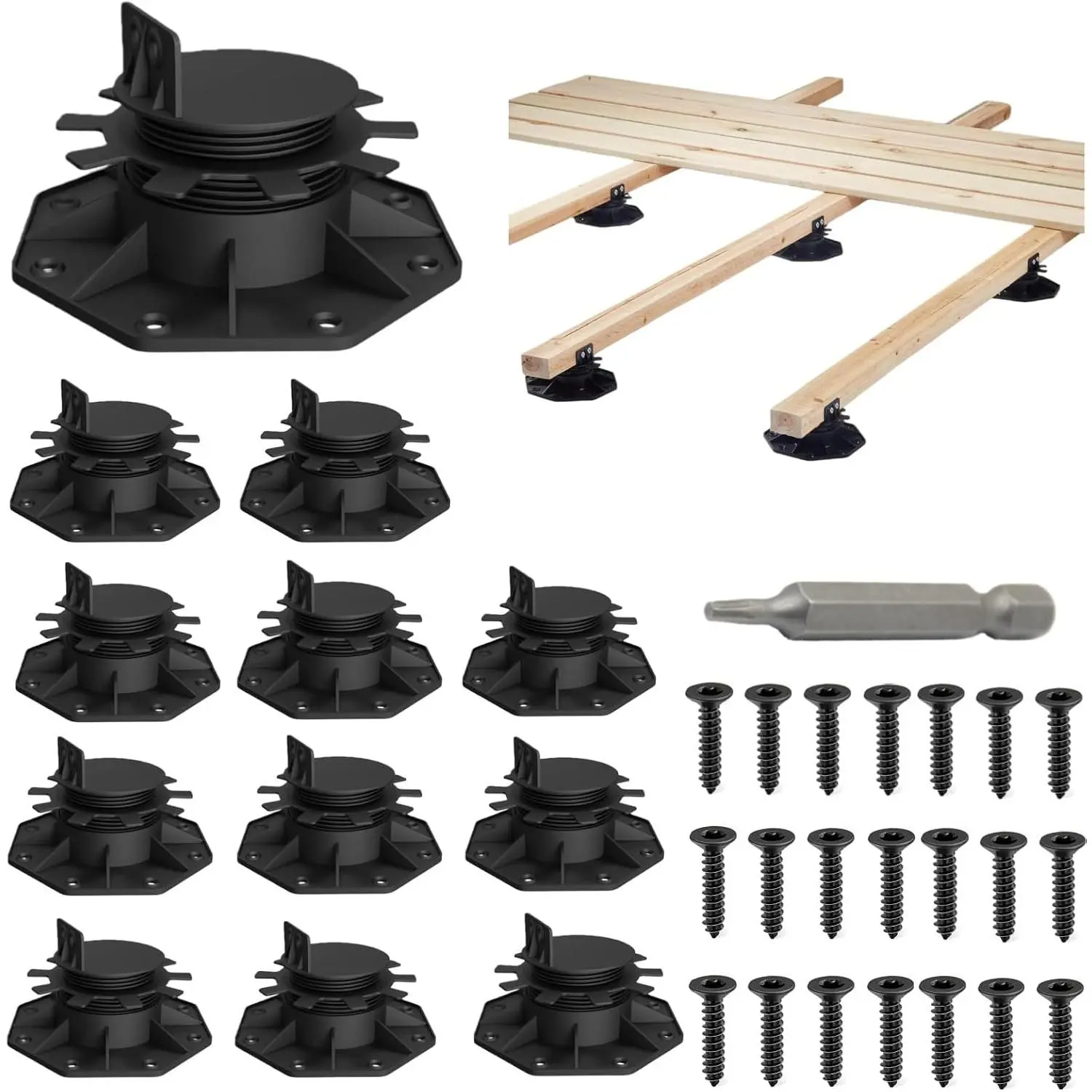 12-Pack Adjustable Deck Support Pedestals, 1.18"–2.36" (30–60 mm), for 2×4 & 2×6 Joist Framing, Ground Support & Leveling for Patio, Shed Base & Floating Deck Includes Screws