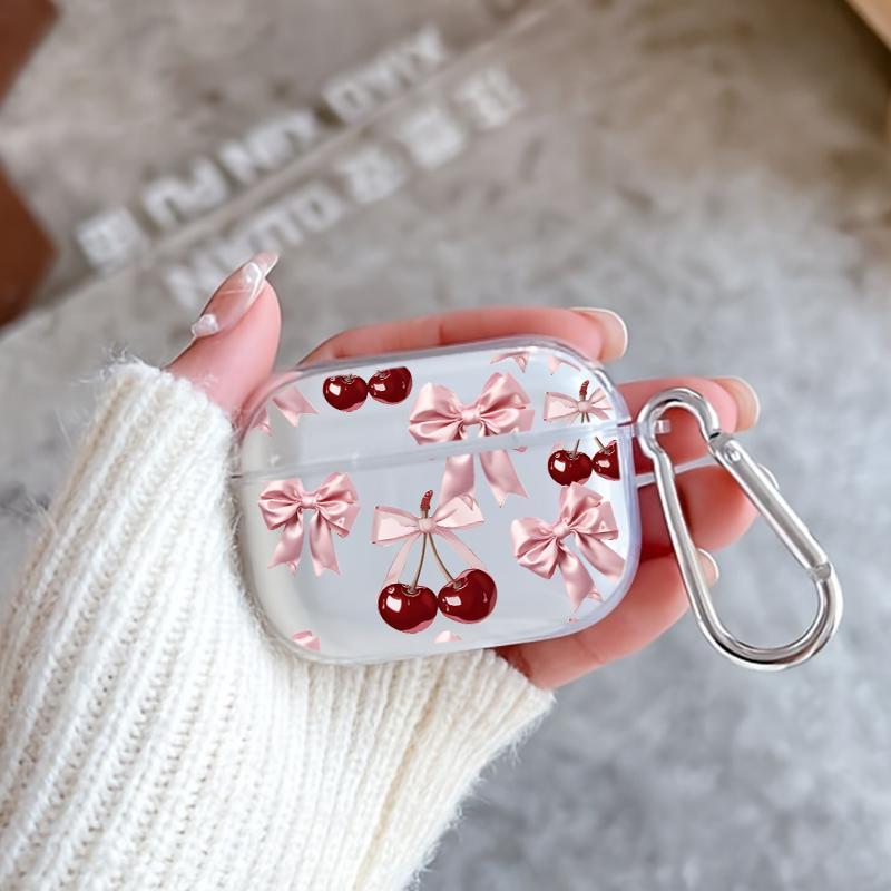 Cherry Bows Pattern TPU Soft Protective Case for Apple AirPods 4/3/2/1/Pro/Pro2 Transparent Earphone Cover with Keychain Attachment