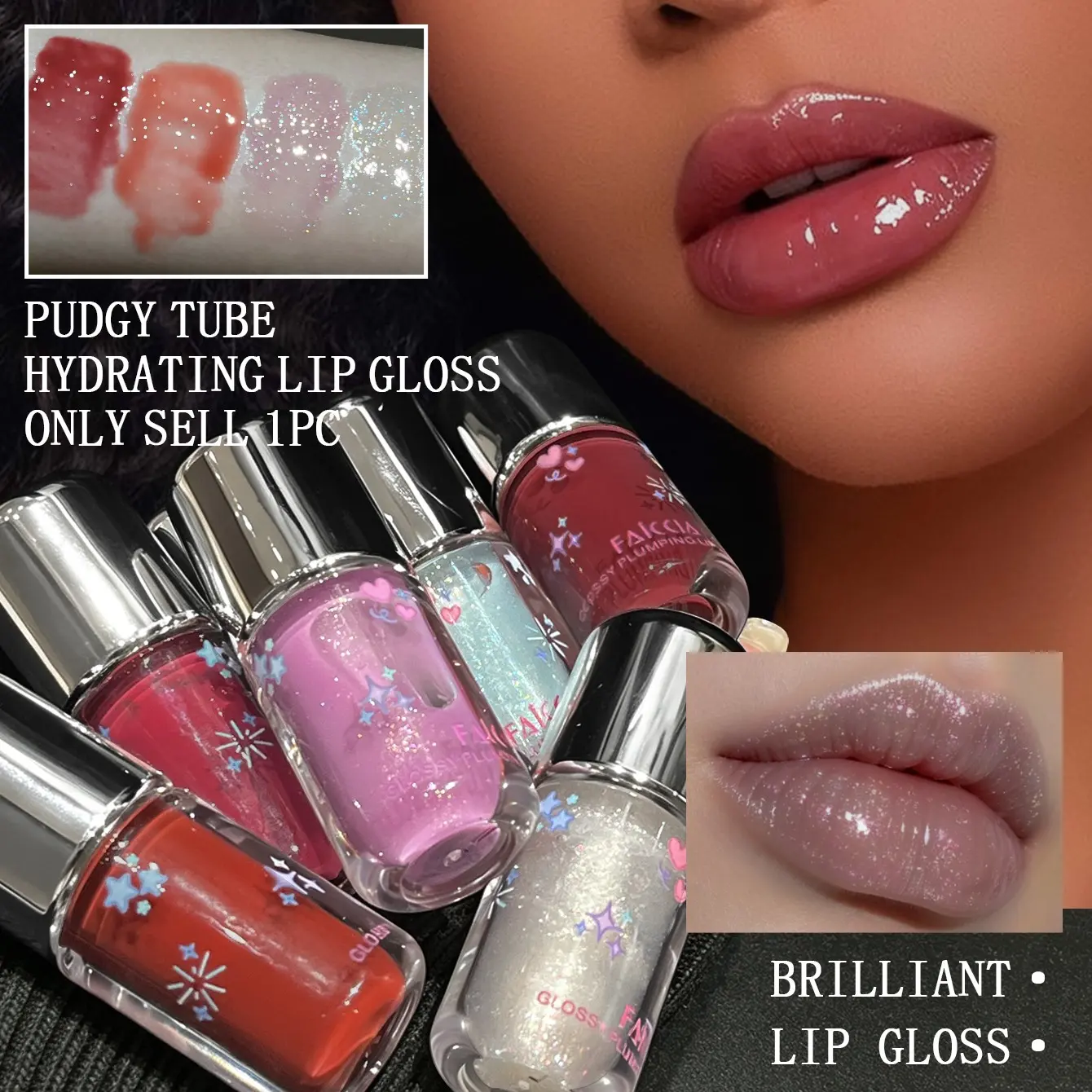 FAICCIA Chubby Bouncy Plumping Lip Gloss mini clear bottle silver cap star heart print seven sheer shade three iridescent glitter four solid dewy tone ultra light non sticky hydrating formula smooth lip lines instantly plump glass lip layer over matte lip