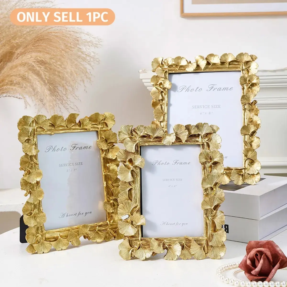 European Vintage Ginkgo Leaf Decorative Picture Frame, Sturdy High Quality Art Frame Design, Resin Hand-Painted Photo Display Frame for Home Living Room Bedroom Decoration Framed Decor, Vintage Picture Frames