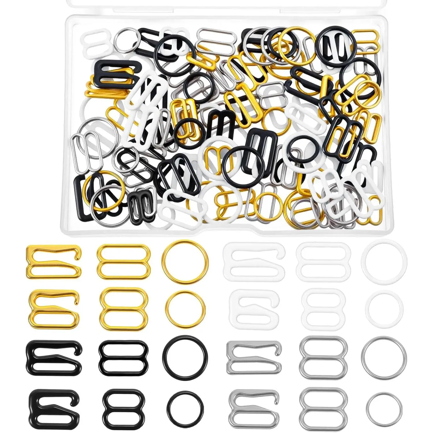 120 count Bra Hooks , Metal Bra Strap Clips for Racerback, Adjustable Bra Strap Clips, 3 Styles, 2 Sizes (Black, White, )