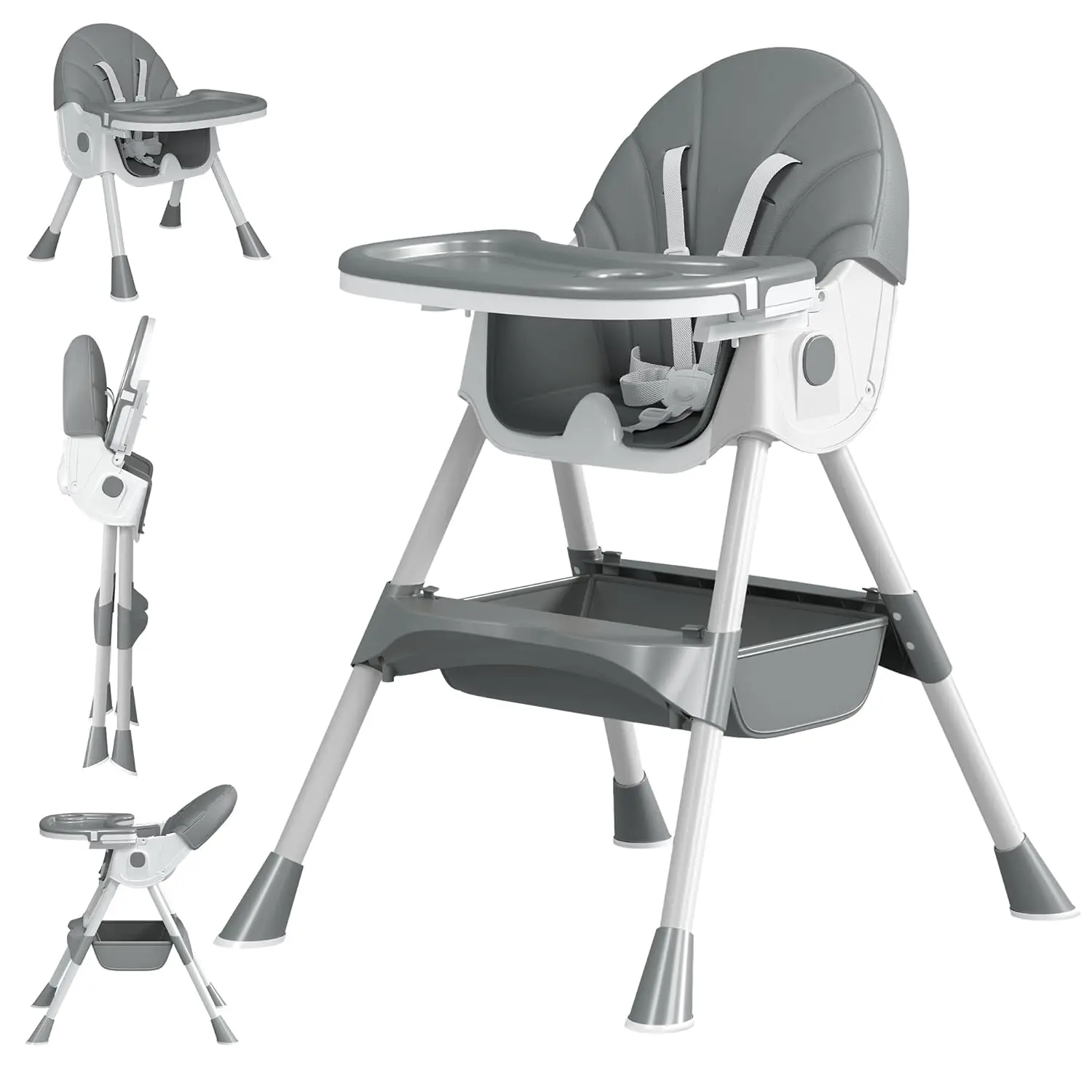 Baby High Chair, 5 in 1 High Chairs  Babies and Toddlers, Travel Foldable High Chair with Foot Rest, Detachable PU Cushion, Double Removable Tray, Adjustable Height & Recline