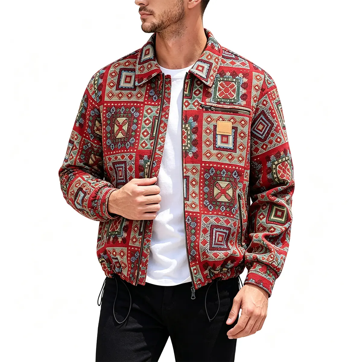Men's Retro Tribal Ethnic Geometric Tapestry Lapel Zip-Up Jacket - Polyester Clothes, Colorblock, Foldable, Leather Label, Chest Zipper Pocket, Drawstring Hem, Rib Cuff Casual Outerwear, Machine Washable for Spring Autumn Trendy Daily Outfits