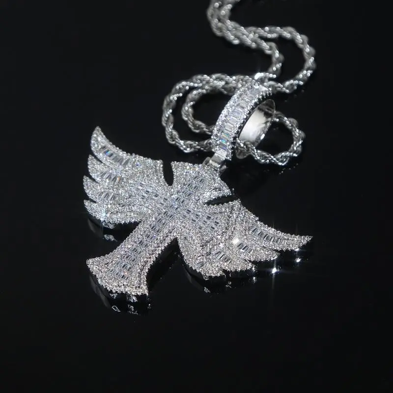 Iced Out Angel Wings Cross Zirconia Pendant Necklace Hip Hop Jewelry with Rope Chain Fashion Punk Style