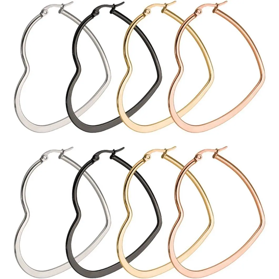 Women's 4-Pair Heart-Shaped Gold Hoop Earrings Set, Hypoallergenic Stainless Steel, Suitable for Daily Casual Wear