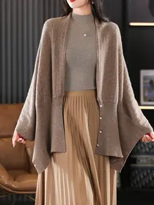 Women's Winter Shawl Coat, Knitted Pure Wool Lattice Open Front, Warm Shoulder Neck Scarf, Casual All-Season Outerwear
