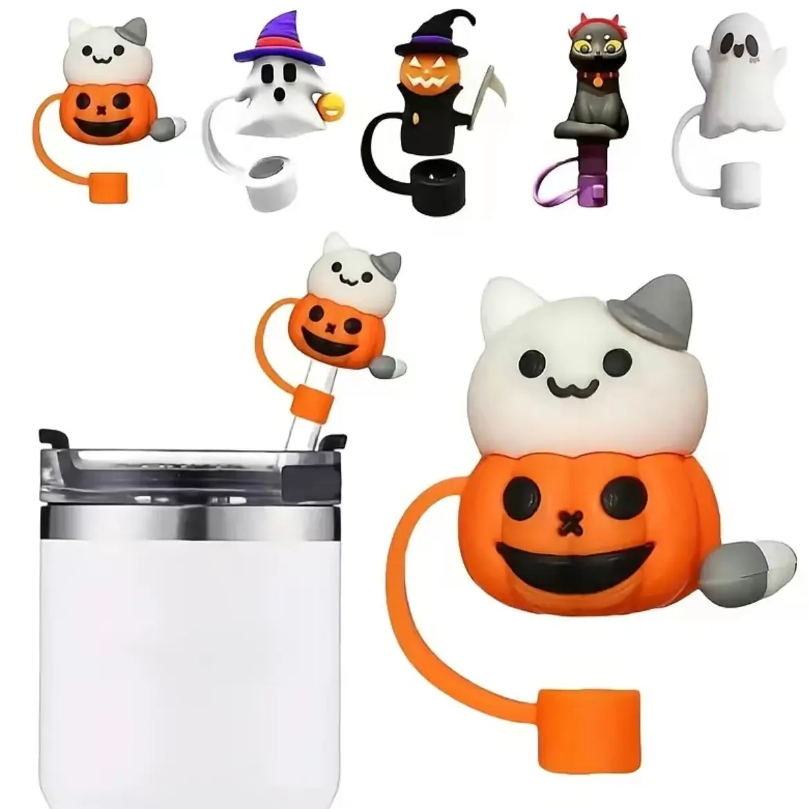 Halloween Themed Silicone Straw Cap, 5 Counts/set Cute Ghost & Pumpkin & Cat Design Straw Cover, Straw Topper for 10mm Straws, Straw Toppers for Tumblers, Halloween Party Accessories