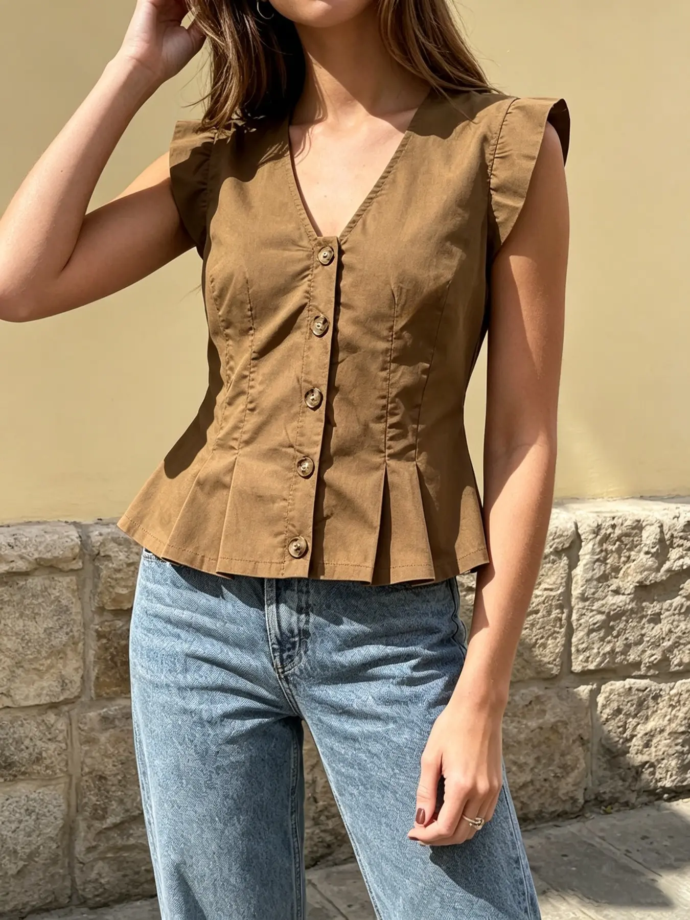 Spring Summer French Vintage Feminine Women's Camel Sleeveless Blouse Top, V Neck Small Flutter Sleeves, Button Front Waist Cinch, Ruffle Hem Short Vest