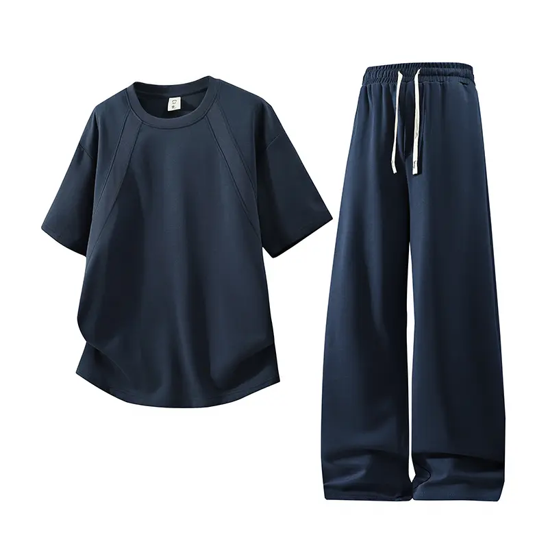 matching loungewear set with raglan short sleeve crew neck tee and drawstring wide-leg sweatpants, crafted from soft lightweight knit fabric with relaxed loose silhouette, perfect for casual daily outings and indoor relaxation # SummerWins