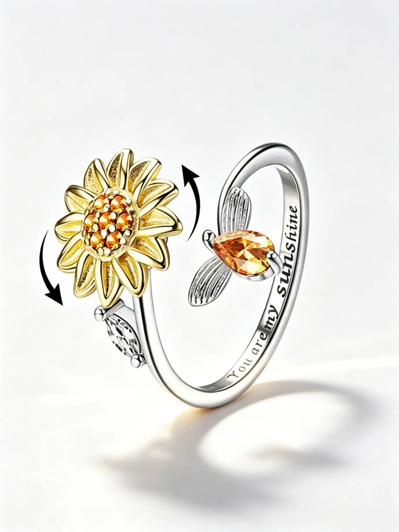 Sunflower Fidget Ring, Anxiety Relief Band, Mirror Polish, Sunflower Moon Star Design, Stress Release, Hope Peace Positive Energy Jewelry, Stainless Steel Rings