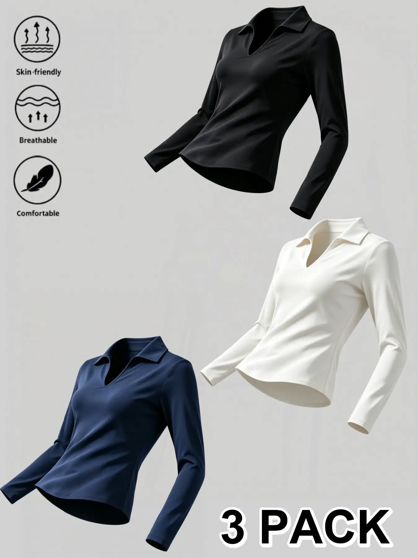 3-Pack Women's Fitted V-Neck Long Sleeve Polo Shirts, Elastic Waist, Plain Color, Casual Spring & Fall Top, Unlined, No Button