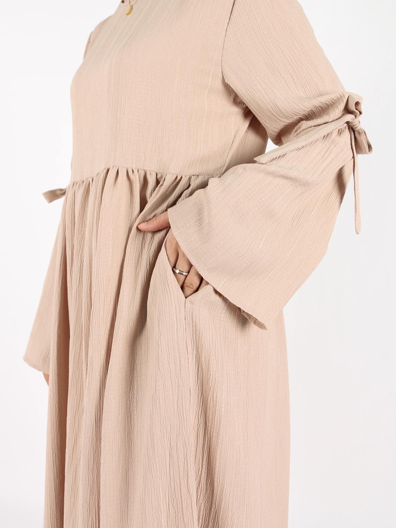 Women's Plain Bow Decor Feminine Flounce Sleeve Pocket Smock Dress, Casual Long Sleeve Round Neck Zipper Back Dress for Daily Wear, Ladies Clothes for All Seasons