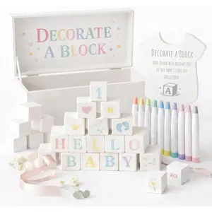 Baby Shower Blocks Decorating Game with 48 White Wooden Cubes Storage Box 12 Acrylic Markers and Instruction Sign
