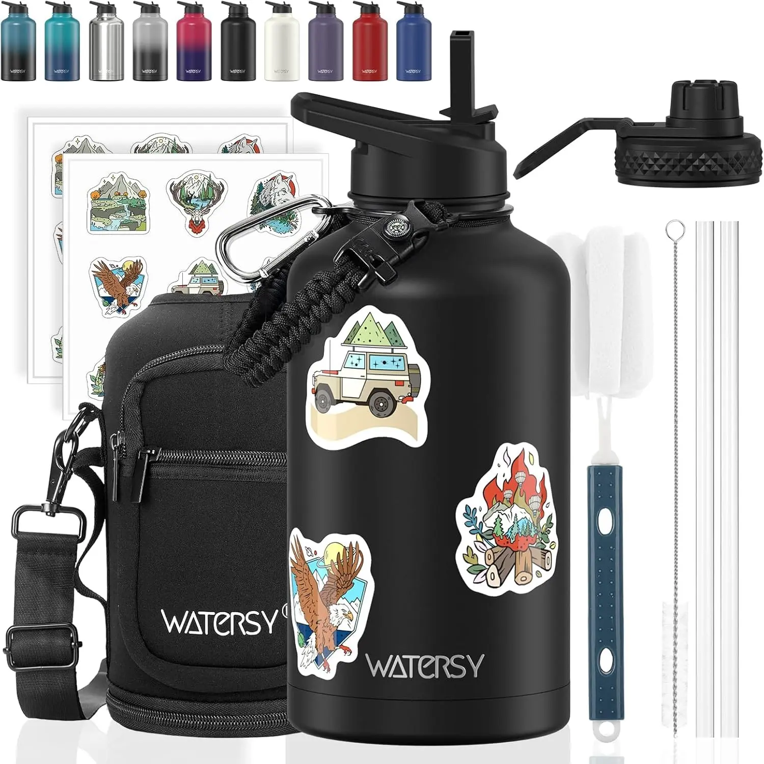 64oz Insulated Water Bottle Cold for 48 Hrs, BPA Free & Leak Proof Half Gallon Stainless Steel Water Jug with Straw Spout Lids for Gym Hiking Camping Black