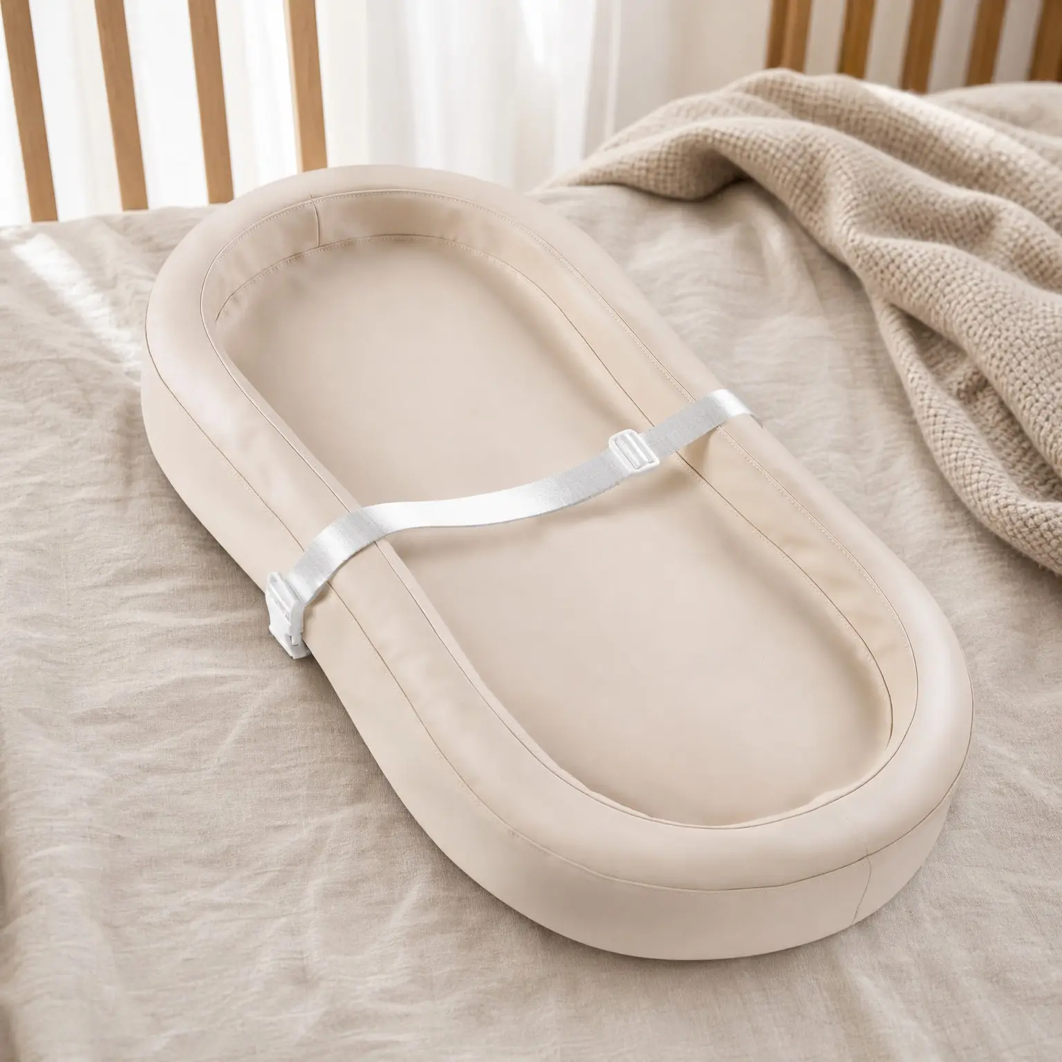 Waterproof Wipeable PU Leather Baby Changing Pad with Safety Strap and Non-Slip Base, Contoured Diaper Mat for Dresser and Changing Table, 31.5 x 15.8 x 4 in, Oatmeal(Gift)