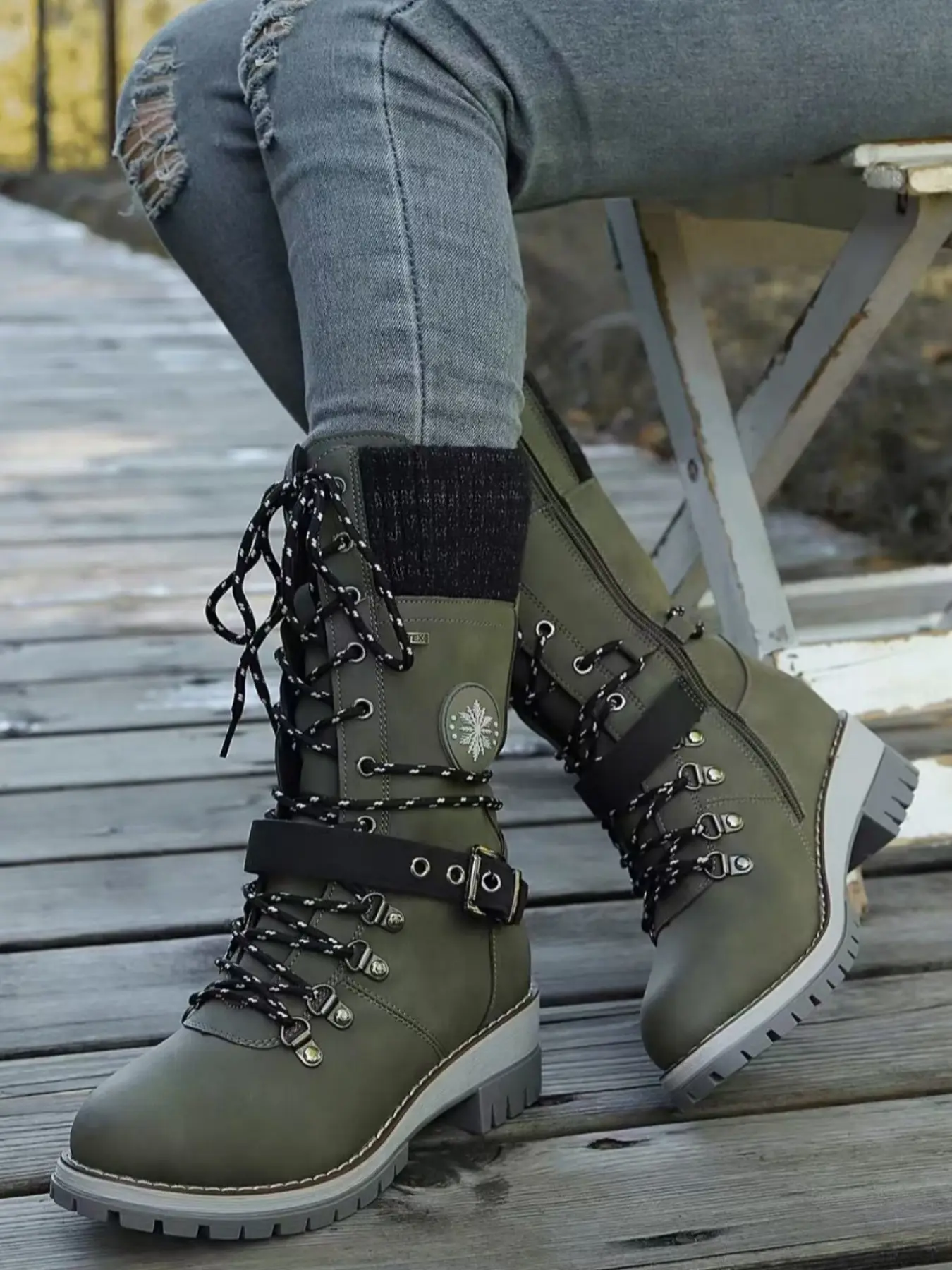 Women's Mid-Calf Boots, European & American Style Lace-Up Knit Patchwork Riding Fall Boots, Warm Non-Slip Casual Fashion Heel Boots