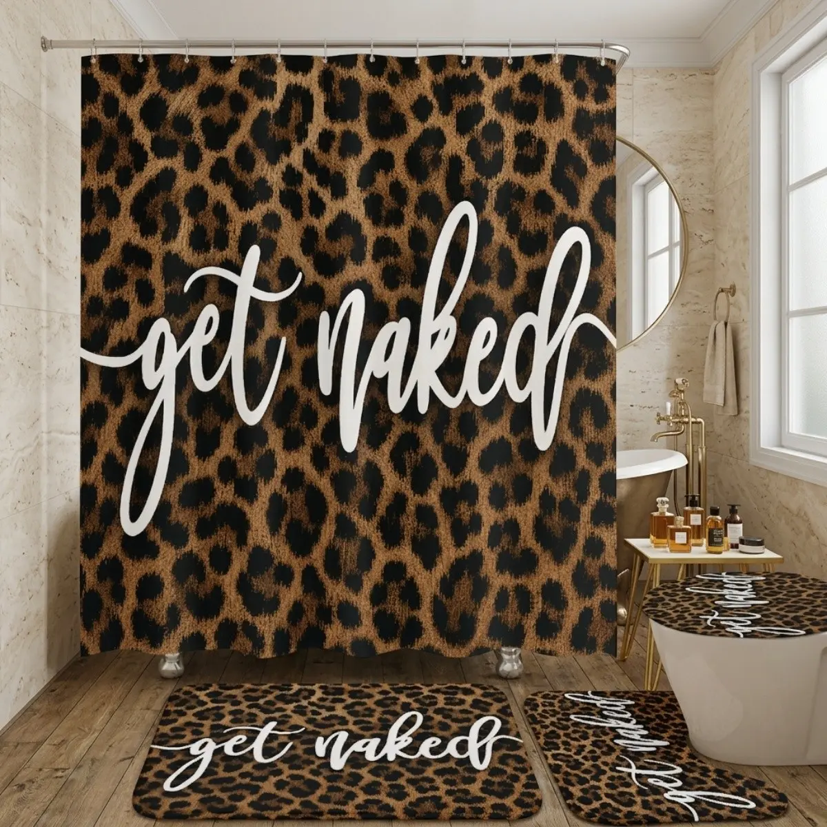 4pcs Funny 'get Naked' Leopard Bathroom Set, 4pcs Cheetah Print Shower Curtain Sets with Non-Slip Rugs, Fun & Stylish Bathroom Decor and Accessories, Funny Shower Curtains For Bathroom