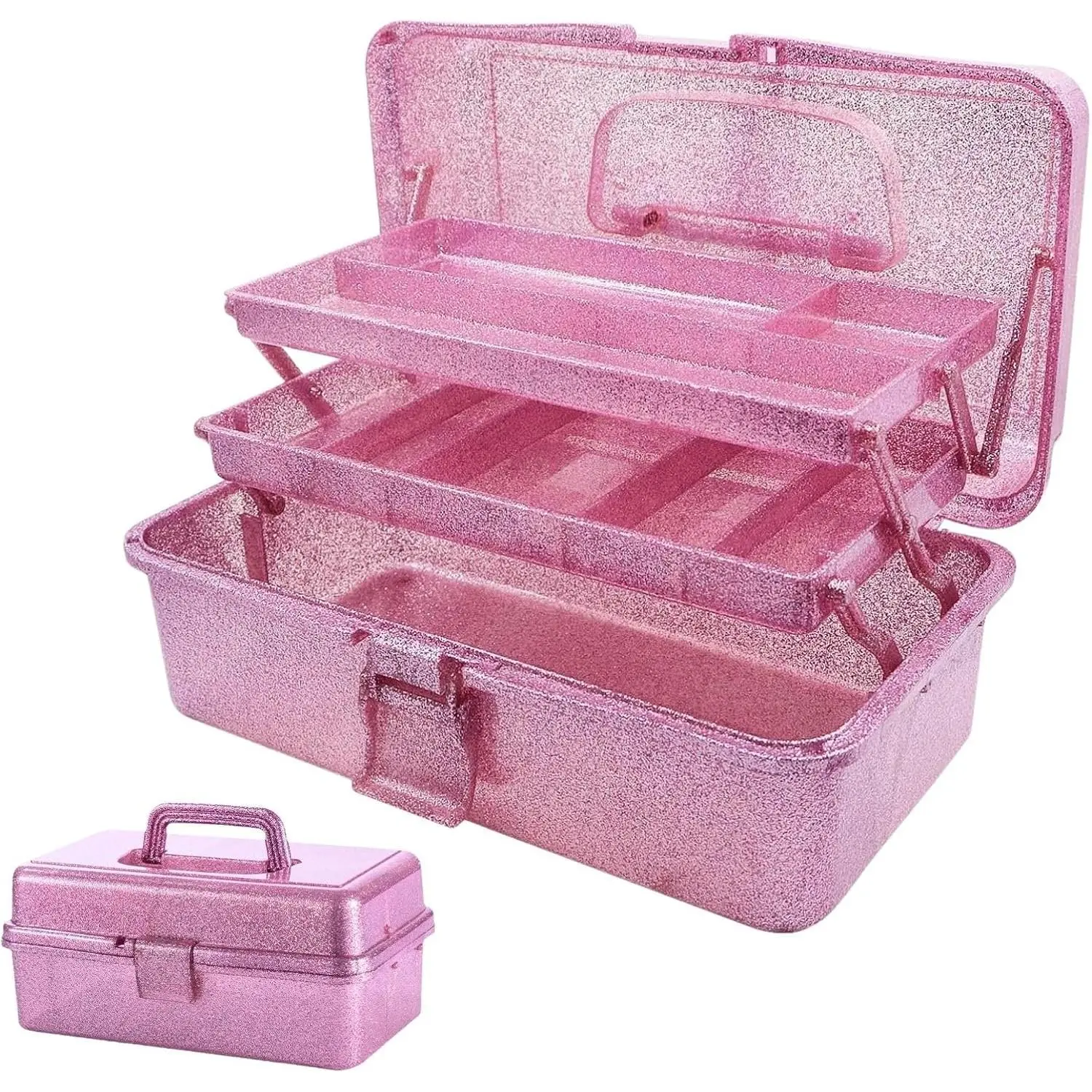 Storage Bins, Three-Layer Multipurpose Art & Craft Storage Container, Carry Tackle Organizer, Medicine Cosmetic Art Supply Box for Art Supply Makeup Hair Accessories Painting Tools - Pink