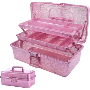 Storage Bins, Three-Layer Multipurpose Art & Craft Storage Container, Carry Tackle Organizer, Medicine Cosmetic Art Supply Box for Art Supply Makeup Hair Accessories Painting Tools - Pink