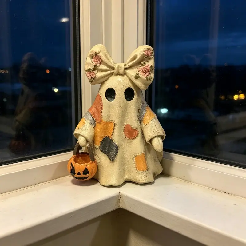 Vintage Patchwork Spooky Ghost Statue with Floral Bow, Halloween Ghost Sculpture, Mini Pumpkin Bucket, Fall Indoor Decor Gift #GLOBAL PICKS