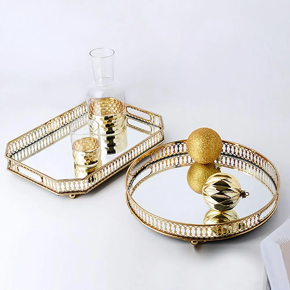 Large Size  Metal Decorative Dresser Mirror Tray, Perfume and Vanity Makeup Decorative Jewelry Tray with Metal for Dresser Bathroom Bedroom Countertop Organizer - Jewelry & Makeup Organizer for Bedroom Racks bathroom counter organizer Home Goods Shower