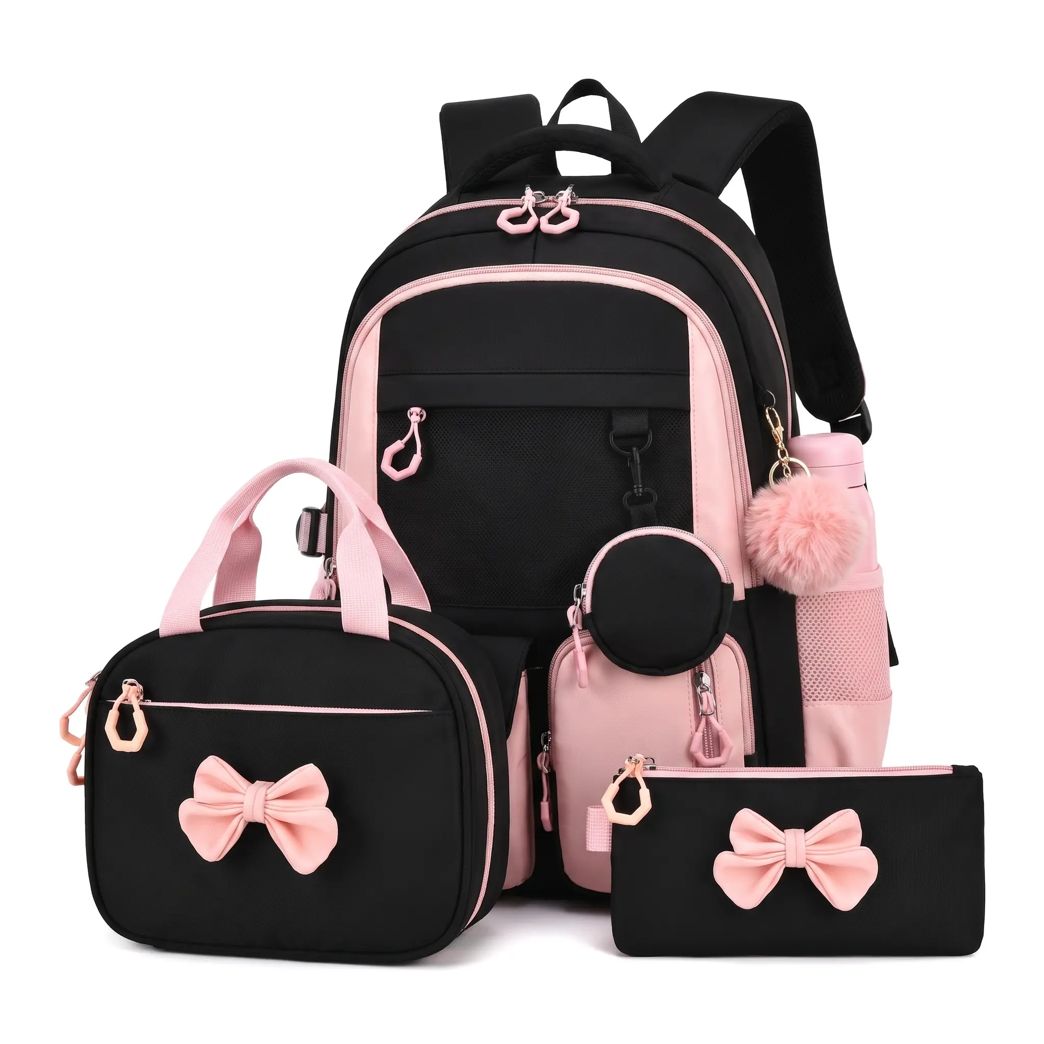 Unisex Minimalist Nylon Urban Chic School Backpack Set - Waterproof, Breathable, Durable, Packable, Air Cushion Straps, Insulated Zip Lunch Bag, Plain Casual Pencil Case (Black, Pink, Purple)