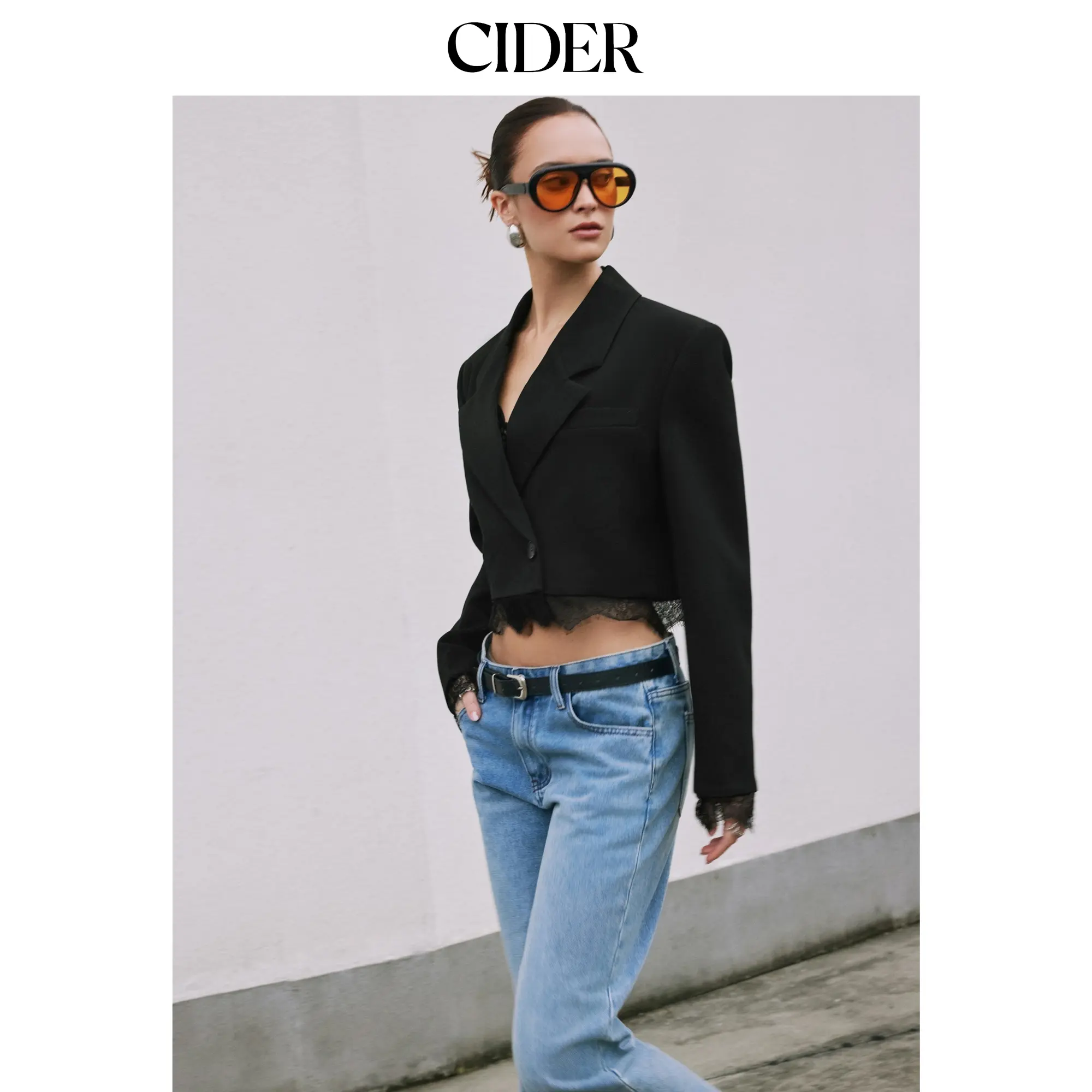 Cider Notched Collar Lace Trim Oversized Crop Blazer