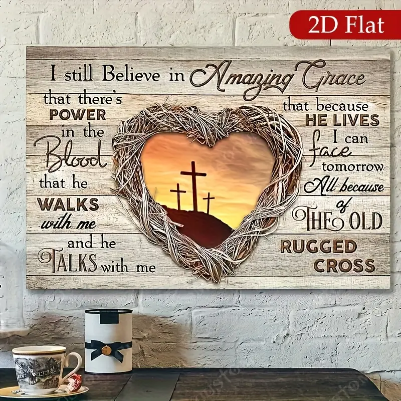 I Still Believe In Amazing Grace Rustic Wicker Heart Three Crosses Canvas Wall Art, Distressed Wood Plank Sunset Golgotha Print, Vintage Faith Landscape Decor Ready To Hang for Farmhouse Living Room Prayer