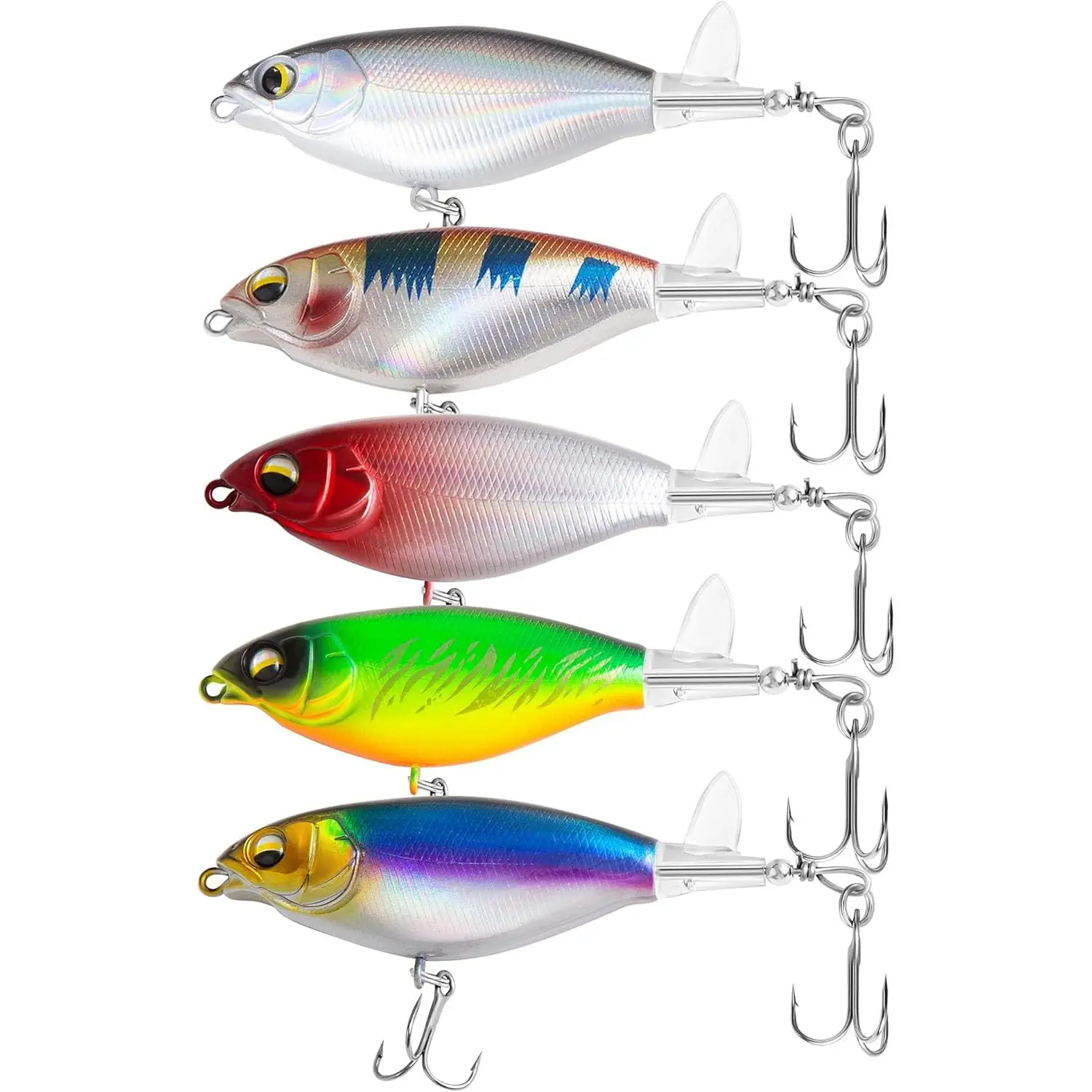 5-Count Topwater Propeller Fishing Lures with Box - 0.2oz ABS Plastic Medium Weight Whopper Popper, Rotating Tail Plopper Floating Lure with Realistic Look for Bass, Trout, Freshwater/Saltwater Fishing