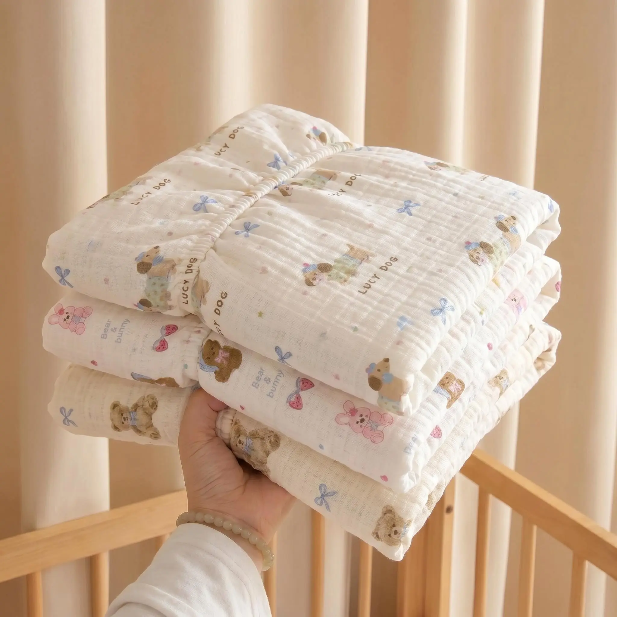 Baby Print Bed Sheet Mattress Cover, Breathable Absorbent Kids Bed Skirt, Newborn Patchwork Bed Sheet, Bear/stars/moon/dachshund Patterns, Washable