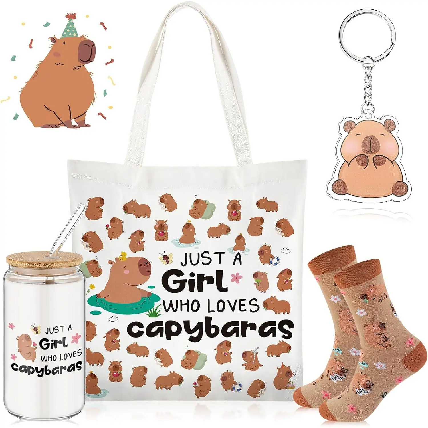 4 count Capybara Gifts for Women Mom, Capybaras Lovers Gifts for Mother's Day Birthday Decorations, with Canvas Tote Bag 16oz Glass Coffee Cup with Straw Socks Cute