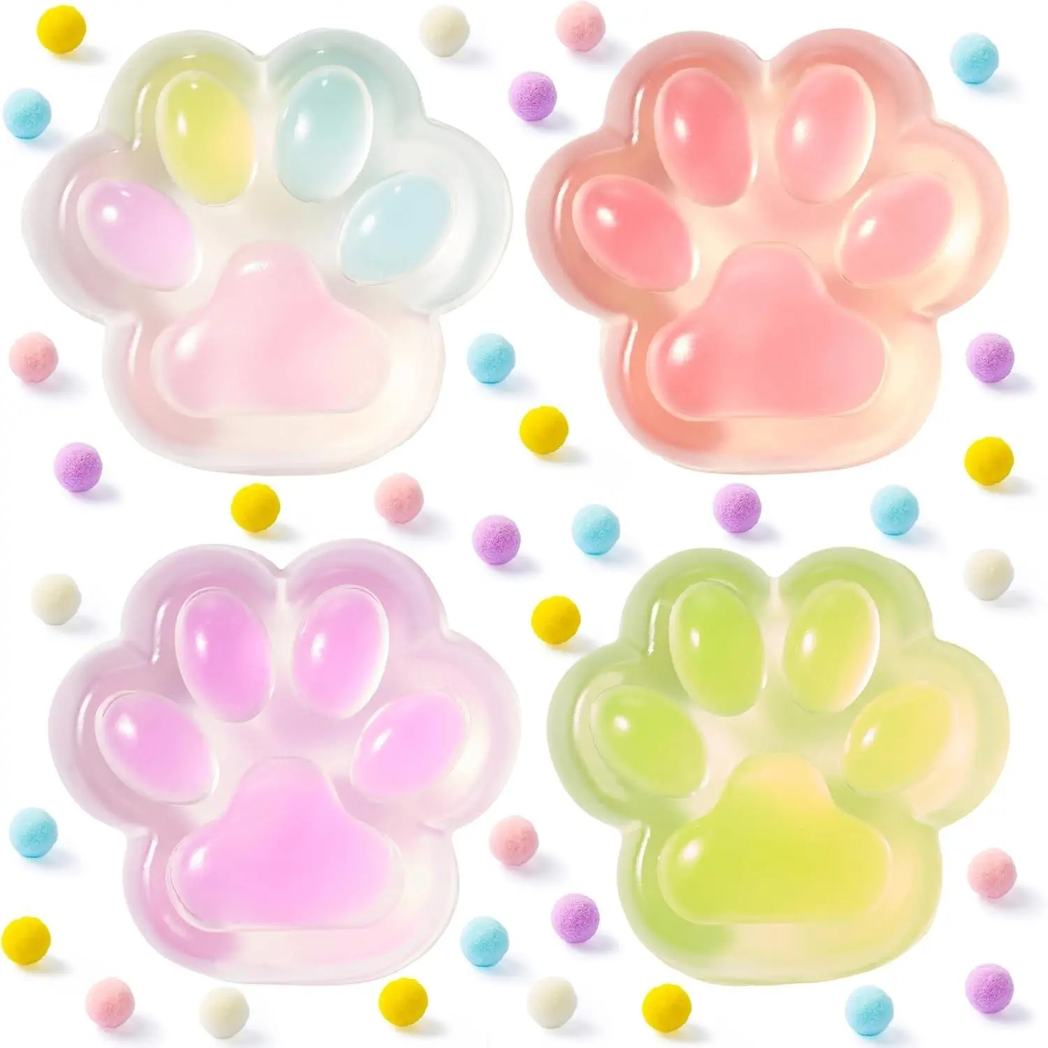4 Pcs Taba Paw Squeeze Toys - Easter Party Favors & Gifts for Kids Adults, Transparent Cat Paw Squishy Toys, Soft Sensory Fidgets for Stress Relief