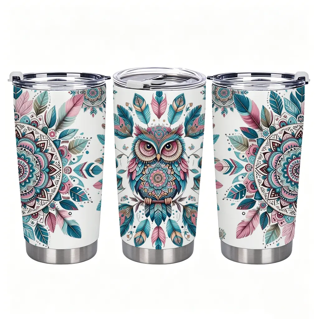 20oz (600ml) Boho Owl 304 SS Vacuum Insulated Tumbler, Sturdy Portable Minimalist Feather Mandala Stainless Steel Coffee Cup with Lid, Cute Animal Travel Mug, Unique Gift for Women, Office Use